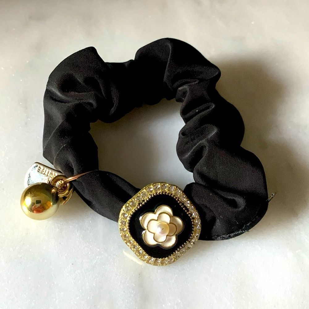 Camellia Flower Charm Black Scrunchie - Hair Tie Hair Band